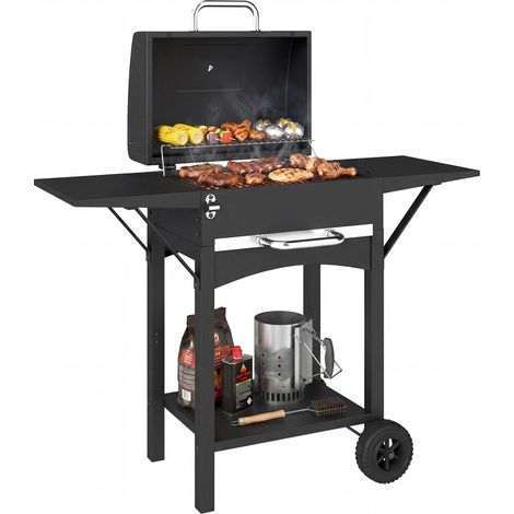 Barbecue à charbon avec couvercle, fumoir avec 2 tablettes latérales, grande surface de cuisson, grille, thermomètre, roulettes