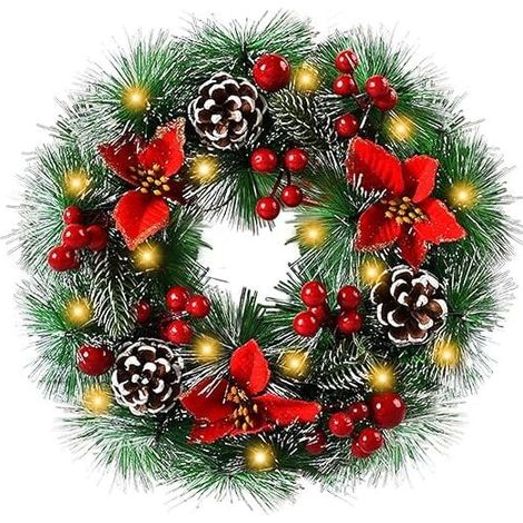 Christmas Wreath, 30cm Diameter Artificial Christmas Wreath, for Front Door Decoration Pine Cone Berry Snowflake Decoration (Comes with LED Lights) MUMU (1/4)