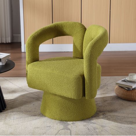 Sillón giratorio 360° de bouclé verde oliva 67 x 55 x 74 cm, con base metálica y respaldo envolvente (1/5)