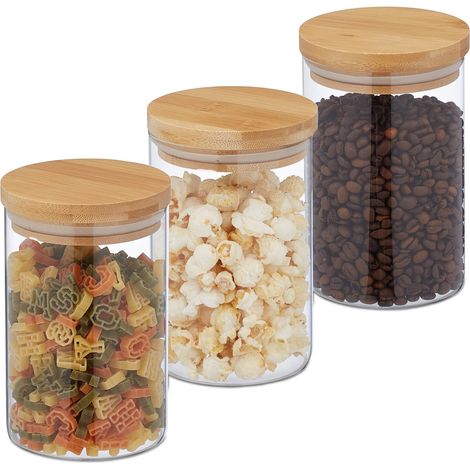 Lot de 3 bocaux en verre, couvercle bambou, bocal conservation rond, 800 ml, hermétique, transparent/naturel (1/5)