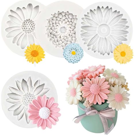 Molde De Silicona - Forma De Flor De Crisantemo - Para Velas Y Jabones DIY - 4 Unidades - Gris (1/5)