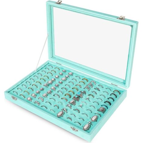 Plateau de rangement de bagues en velours avec couvercle transparent - 100 emplacements pour bijoux - Présentoir à bagues pour femme (turquoise) (1/5)