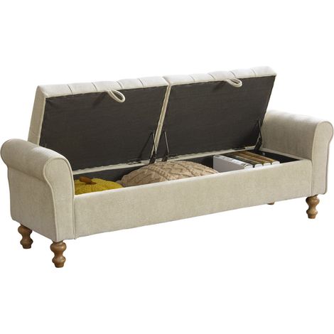 CHICFURN Banco baúl con 2 tapas y almacenamiento, banco de chenilla color greige con patas de madera, ideal para dormitorio, salón, recibidor y vestidor (1/5)
