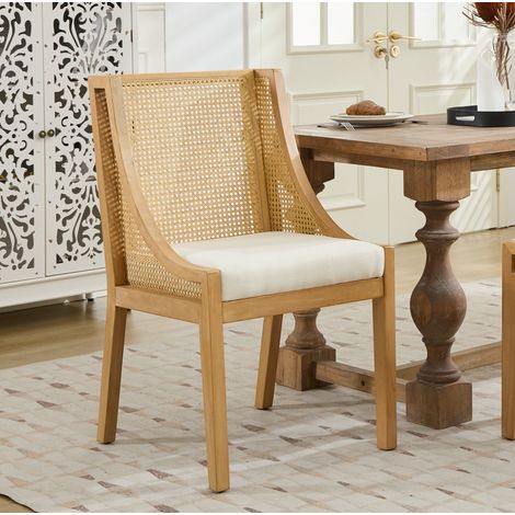 Chaise de salle à manger en rotin avec accoudoirs, assise en lin beige, finition naturelle, 1 pièce (1/5)