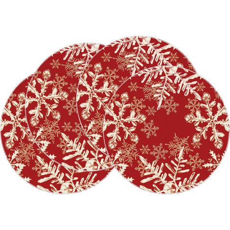 Manteles individuales navideños con copos de nieve rojos (4 piezas - 35,5 x 35,5 cm) - Decoración invernal redonda - Accesorio para mesa de fiesta / Decoración del hogar / - 35,5 x 35,5 cm - 4 piezas (1/3)
