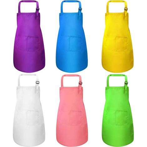 6 Pieces Kids Chef Aprons, Kids Apron with 2 Pockets, Adjustable Apron for Cooking, Painting, Holiday Gifts, Apron for Boys and Girls (4-15 Years, Multicolor) (1/5)