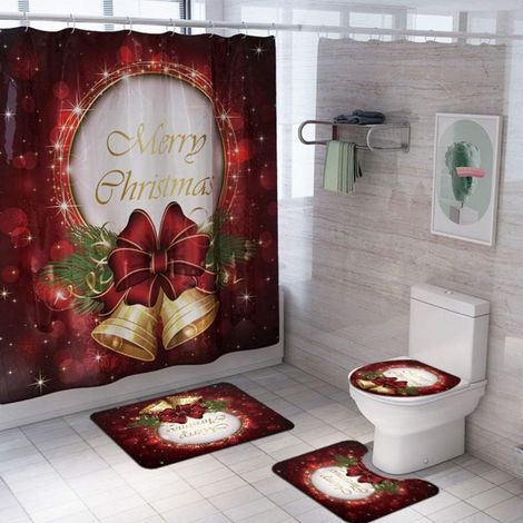 4-teiliges weihnachtliches WC-Dekorationsset, Duschvorhang, Fußmatte, T