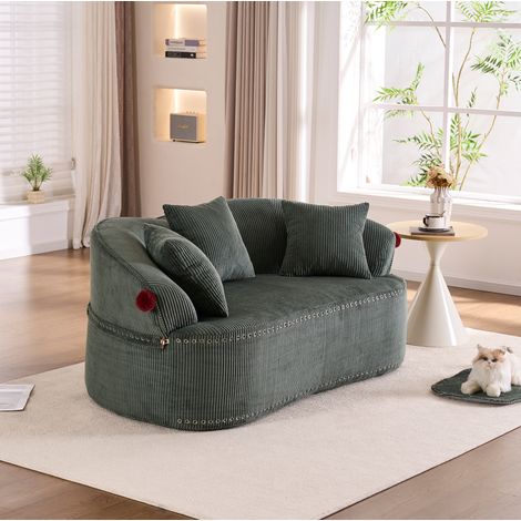 MODFU – Divano 2 posti in velluto a coste 104 cm con design cappello da clown e pompon rossi, dettagli a corno e borchie decorative – Verde (1/5)