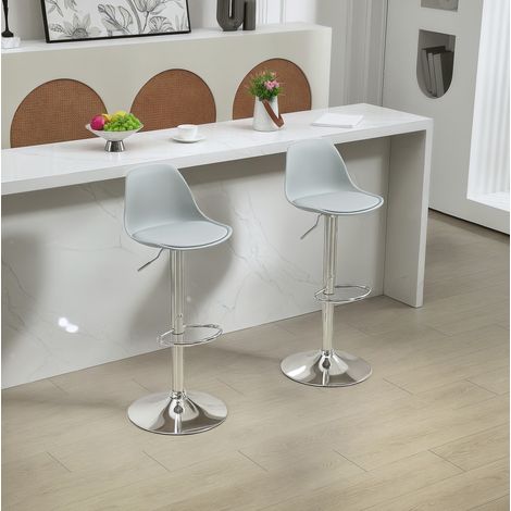 Lot de 2 tabourets de bar réglables pivotants avec dossier, assise en cuir régénéré gris, piètement acier chromé et repose-pieds pour cuisine et îlot - CHICFURN (1/5)