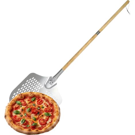 Relaxdays Pelle à pizza perforée, manche en bois amovible, 132 cm, en aluminium et inox, argentée (1/5)