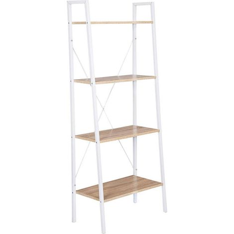 WOLTU Scaffale a Scala Libreria Portaoggetti in Legno Acciaio con 4 Ripiani Legno+Bianco (1/8)