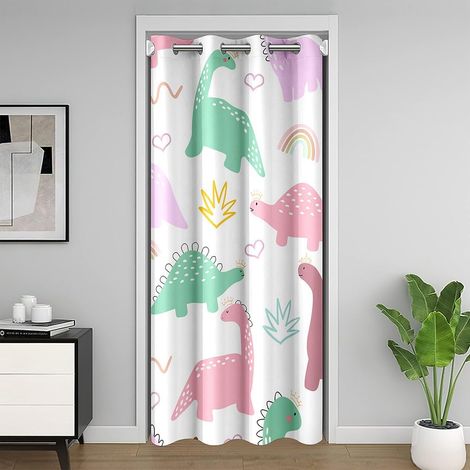 Rideau de Porte Dinosaure 86x203 cm, Occultant Mignon pour Placard, Animaux Jungle pour Enfants, Traitement de Fenêtre Aquarelle Arc-en-Ciel Boho, Rose - 86L X 203H cm (1 Panneaux) (1/5)
