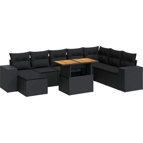 Set sofás jardín y cojines 9 pzas ratán sintético acacia negro vidaXL (1/5)