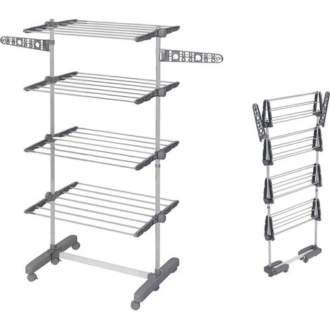 Étendoir à linge pliable 4 niveaux, roulettes, acier inoxydable et ABS gris, 142x55x172 cm (1/5)
