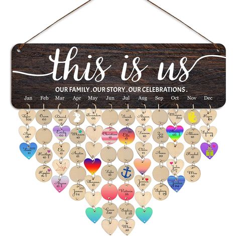 1 Calendario de pared de madera para cumpleaños, 100 etiquetas redondas en forma de corazón, anillos de metal, Family House (1/5)