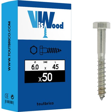 50 vis bois tirefond 6x45/27mm tête hexa Inox A2 Viswood (1/2)