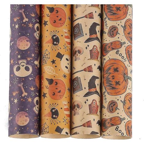 4 Blatt Halloween-Geschenkpapier, braunes Kraftpapier für Vintage-Geschenkverpackungen, perfekt für Halloween und den Tag der Toten (4-- (1/5)