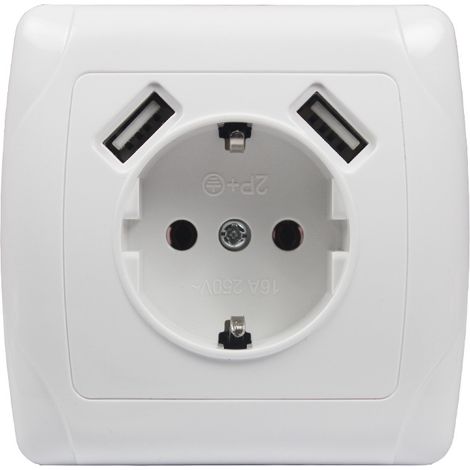 1 prise murale encastrée avec deux ports USB, format 8 x 8 x 5 cm, blanche. (1/4)