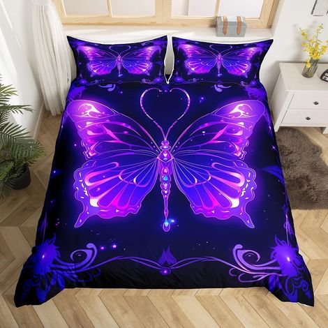 Housse de Couette 220x240 Papillon Violet pour Fille Femme, Parure de Lit Papillon Dégradé Néon, Sets de Housses de Couettes Noire et Violette, Couvre Lit Animaux Sauvages, 3 Pièces - 220x240cm + 2 Ta (1/5)