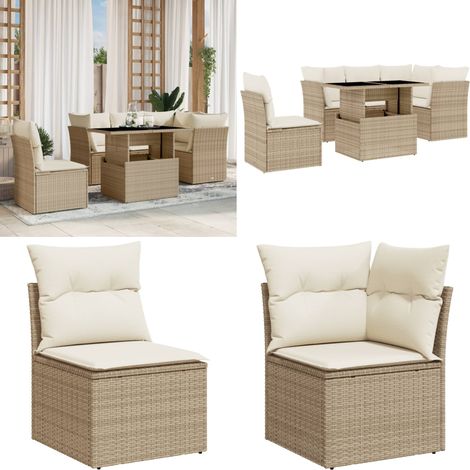6-tlg. Garten-Sofagarnitur mit Kissen Beige Poly Rattan - Gartensorte - Gartenmöbelset - PE-Rattan Möbel - Outdoor Sofa - Lounge Set - Home & Living (1/5)