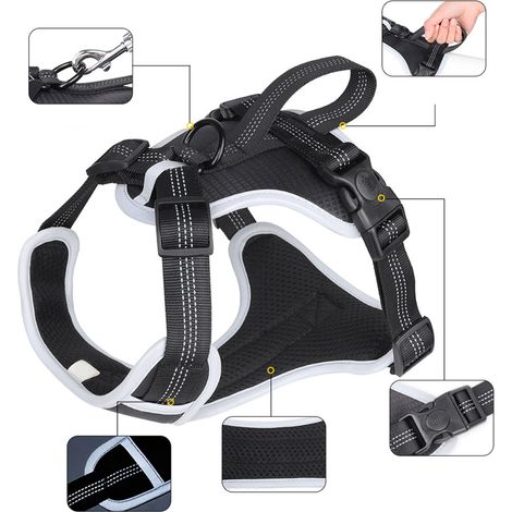 Harnais triangulaire pour chien avec poignée ergonomique fixe, réfléchissant, réglable et respirant, idéal pour les promenades en extérieur. (1/5)