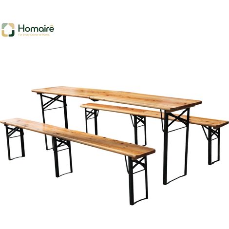 HOMAIRE Garniture de tente à bière pliable 220 cm en pin massif weatherproof, 3 pièces : 1 table rabattable + 2 banquettes, espace-saving, jusqu'à 200 kg, pour jardin et fête