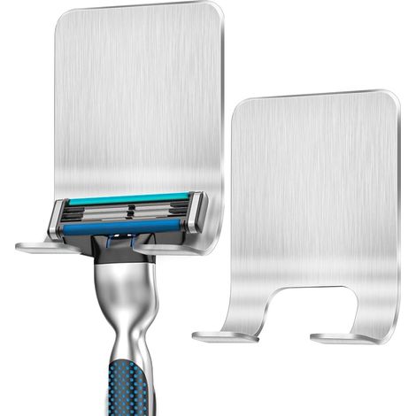 Rasiererhalter für die Dusche, 2er-Pack, silberfarben, selbstklebend, aus Edelstahl, ohne Bohren, geeignet für Tür, Wand, Badezimmer und Küche. (1/5)