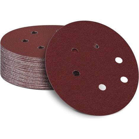 Lot de 50 disques abrasifs 150 mm grain 80 – 6 trous Velcro pour ponceuse excentrique – Papier oxyde d'aluminium pour bois dur et métal (1/5)