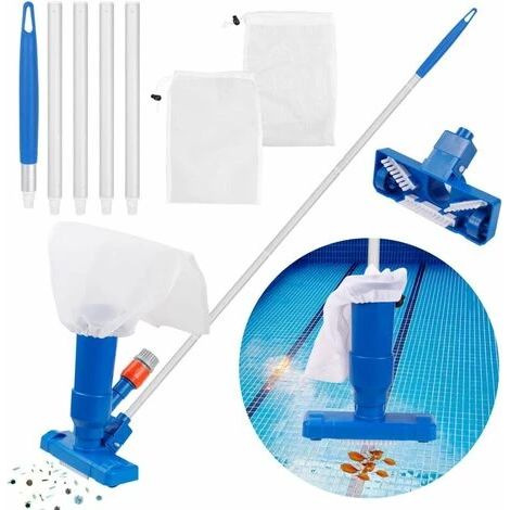 Kit d'aspirateur de piscine portable, mini aspirateur de piscine, accessoires de nettoyage avec manche en 5 parties et 2 sacs en filet (1/4)