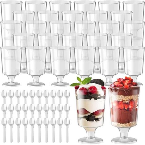 30 verres à dessert en PS, transparents et réutilisables, 120 ml, avec cuillères, pour mariage et fête