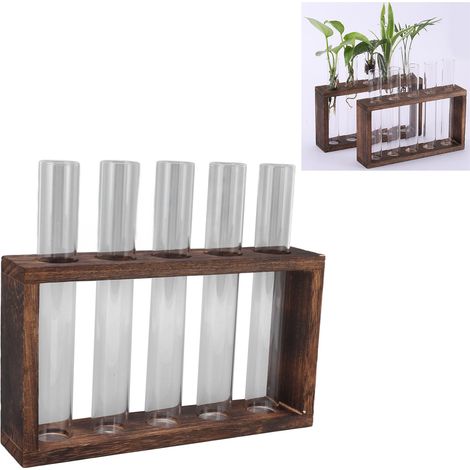 Vase hydroponique en bois véritable et verre transparent grillé au charbon de bois, plantes vertes cultivées dans l'eau, support en bois simple, décoration de table, pothos, cinq tubes grillés au char (1/5)