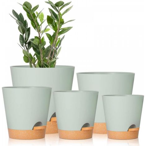 Ensemble de 5 pots de fleurs verts à arrosage automatique de 7/6,5/6/5,5/5 pouces avec trous de drainage, pots de fleurs en plastique, pots de plantation adaptés à toutes les plantes d'intérieur (1/5)