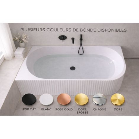 Baignoire d'angle droite - 150 x 75 cm - Blanc brillant rainure avec bonde noire - PERLE (1/5)