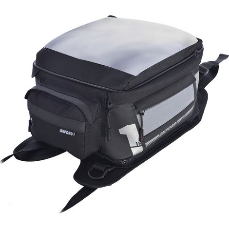 Borsa da serbatoio per moto Oxford F1 da 18 litri, nera con cinghie. (1/2)