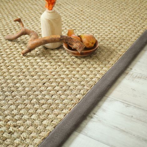 Tapis Jonc de mer Chennai - Natté 4x4 - Ganse lin marron taupe - 200 x 200 cm
