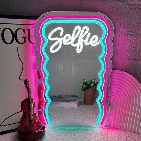 Neonfarbener, wellenförmiger Spiegel: Einstellbare Helligkeit – perfekt für Mädchenzimmer, Partys, Hochzeiten und Fotoshootings. (1/5)