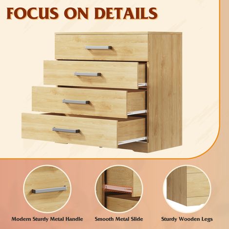 Chest of Drawers with 4 Drawers, Metal Handles and Runners, Modern Storage Drawers for Bedroom, Kids Room, Closet, Oak (1/5)