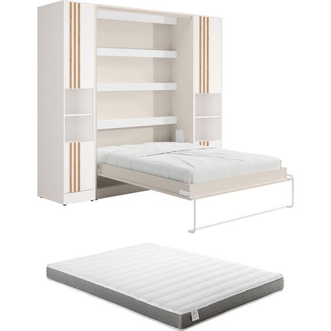 Letto a scomparsa verticale 160 x 200 cm 2 colonne contenitore Con doghe e LED Beige + Materasso - - RAPILI (1/5)