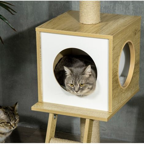 Arbre à chat monte-plafond avec maison, hamac et plateforme, 40 x 40 x 240-260 cm, beige clair (1/5)
