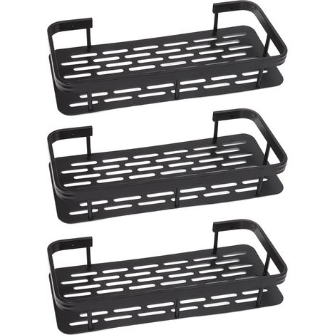 Étagère de douche rectangulaire à 3 niveaux en aluminium noir, sans perçage, avec panier de rangement pour salle de bain. (1/5)