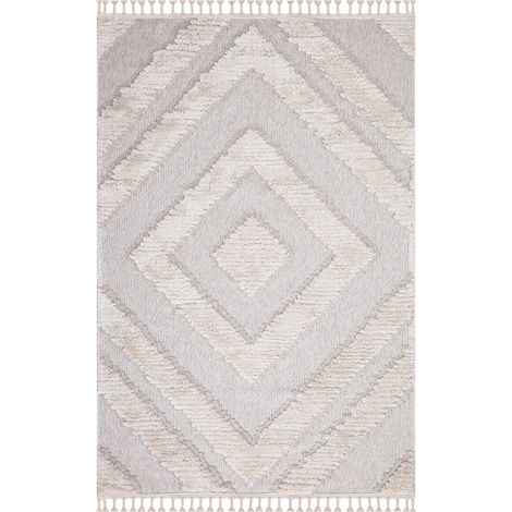 Tapis Salon Bohème Chic Franges Tressées Crème & Gris Bleu (80x150cm) (1/5)