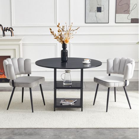 Set de mesa redonda de 107 cm con 2 sillas tapizadas gris claro en tejido y estructura metálica (1/5)