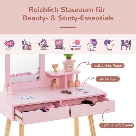 Ensemble coiffeuse et bureau pour enfants avec miroir amovible rose