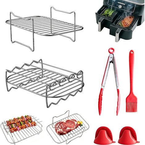 5pcs Air Fryer Accessories Stainless Steel Cooking Grates Food Stackable for Air Fryer Double Basket 7.6-9.5L Compatible with DZ201, AF300EU, AF400EU, 7.6L to 9.5L Skewer Holder (1/5)