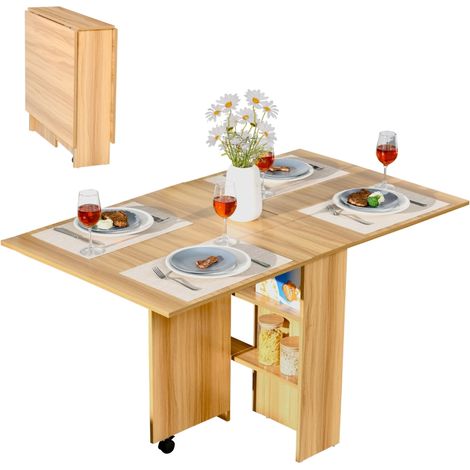 Table à Manger Pliable Multifonctionnelle avec Roues et Étagères en Bois 140x80x74cm Design Pratique pour Optimiser l'Espace (1/5)