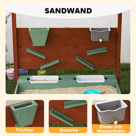 Bac à sable enfant avec ombrelle intégrée, 2 compartiments de rangement, 116 x 112,5 x 128 cm, bois sapin et plastique, vert
