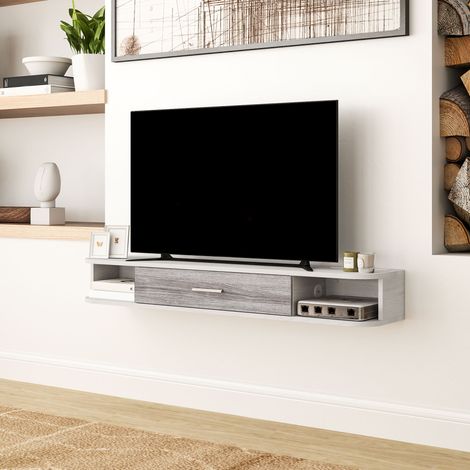 Meuble TV mural avec 2 étagères ouvertes et un placard à porte battante, meuble TV en bois, 120 x 26 x 16 cm, blanc et gris