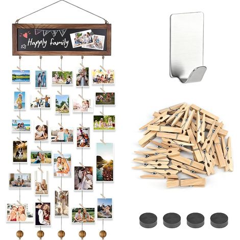 Pele Mele Photo Mural, Porte Photo Mural Avec Tableau à Messages et 30 Clips En Bois, Porte Photo Mural à Pince Cadre pour Les Photos, Les Cartes Postales, Les Peintures (1/5)