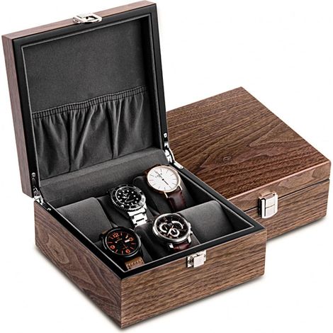 Mechanische Uhrenbox aus Holz mit 6 Fächern, Glasdeckel und Aufbewahrungsmöglichkeit für Armbänder.