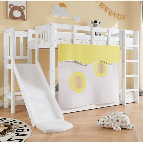 Letto a castello in legno bianco 90x200 cm con scala, scivolo, tende e rete a doghe inclusa (1/5)